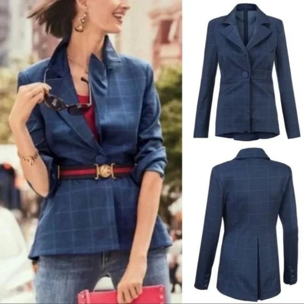 Cabi 6 Navy Blue Blazer‎ Jacket Spring 5475 SUNSET KISS Windowpane Plaid
